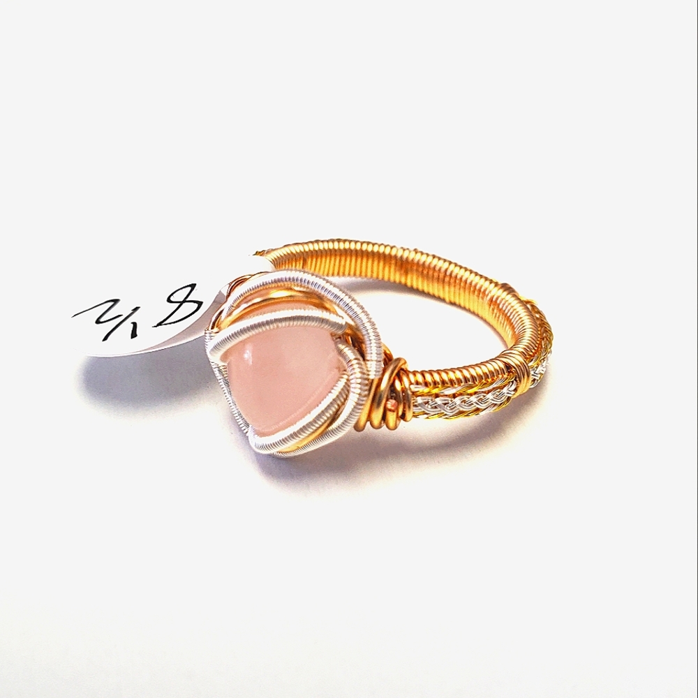 "Rose petals" Rose Quartz Handmade Wire Wrap Ring size 8.5